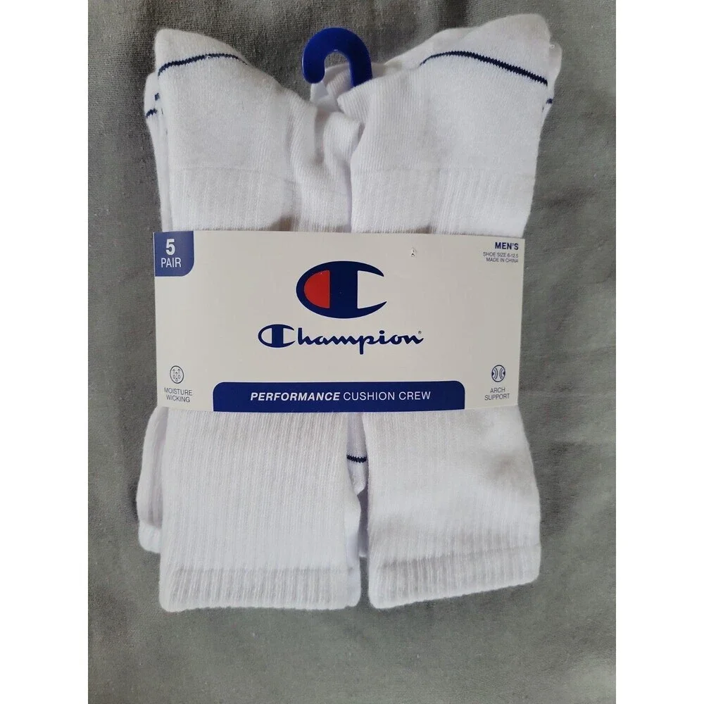 Champion Mens Crew  Socks 5 Prs -Athleticwear SZ 6-12  Cushioned Performance